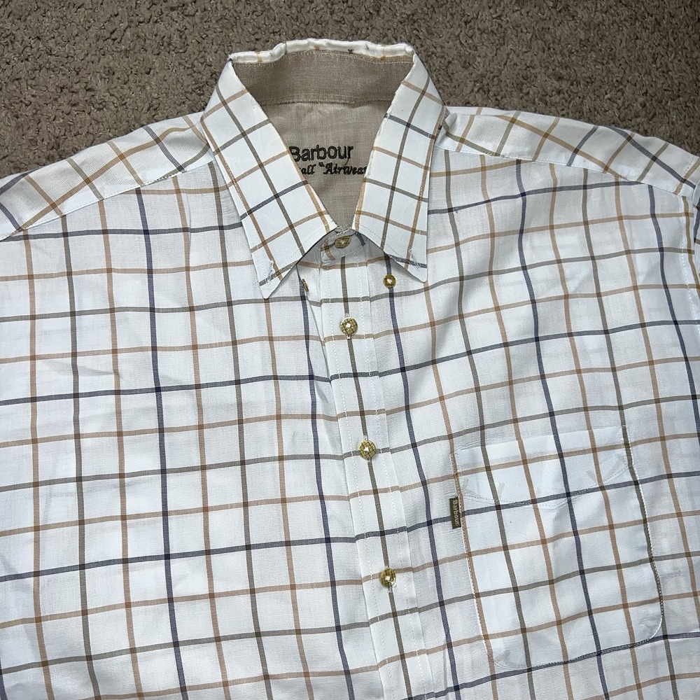 Barbour Shirt Mens 2XL White Blue Windowpane Button Down Tailored Fit